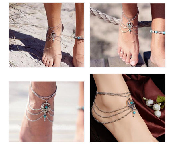 Boho Ethnic Turquoise Beads Anklets Chic Tassel Foot Chain Anklet Bracelet Body Jewelry Anklets For Women Free Shipping