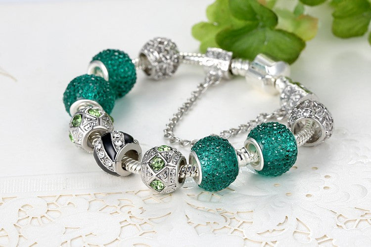 Day Fashion Crystal&Green Murano Glass Beads Charm Bracelets For Women Fit Original Snake Chain Bracelets Bangle