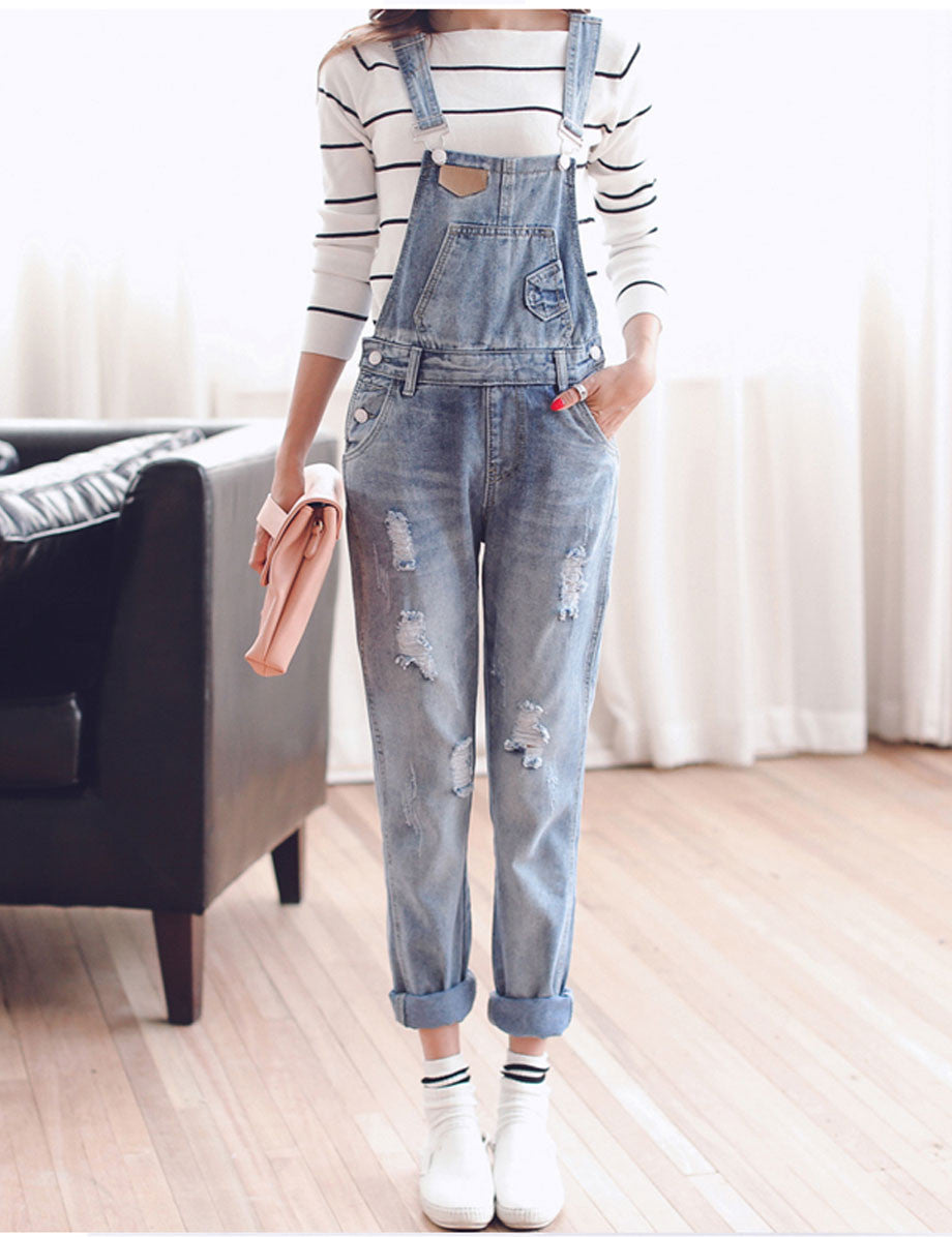 TC Womens Jumpsuit Denim Overalls 2016 Spring Autumn Casual Ripped Hole Loose Pants Ripped Pockets Jeans Coverall XL 2XL