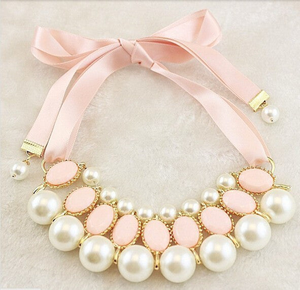 candy color Ribbon Pendant Necklace Simulated-pearl