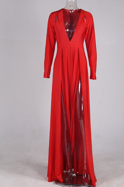 Sexy dress long-sleeved deep V two split Maxi Dress