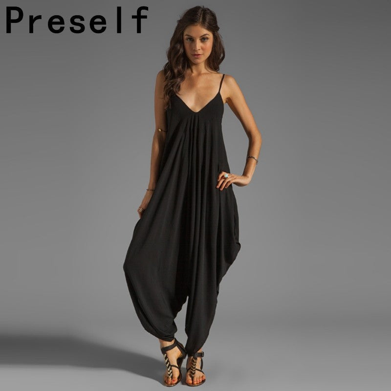 Women's Harem Romper Jumpsuit Coveralls Playsuit with Spaghetti Strap and Deep V-Neck Plus Size