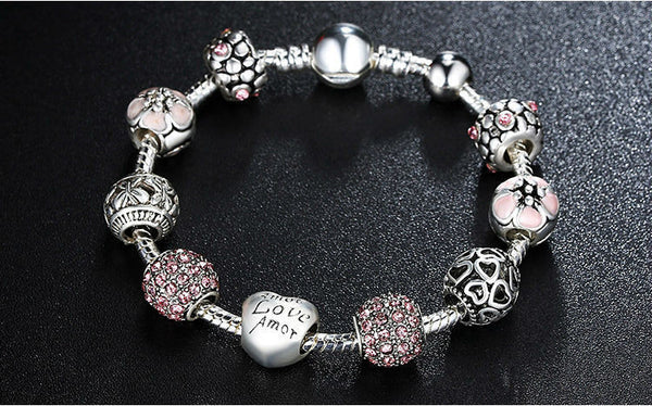 BAMOER Antique 925 Silver Charm Bangle & Bracelet with Love and Flower Crystal Ball for Women
