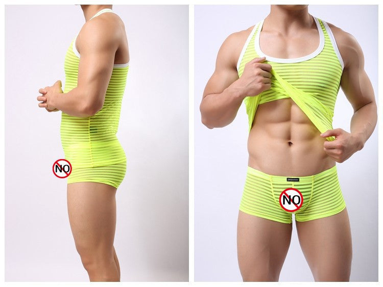 Men Sexy Fun Breathable Striped Tank Tops Undershirts Transparent Mesh Vest JJSOX