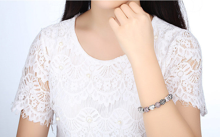 BAMOER Antique 925 Silver Charm Bangle & Bracelet with Love and Flower Crystal Ball for Women
