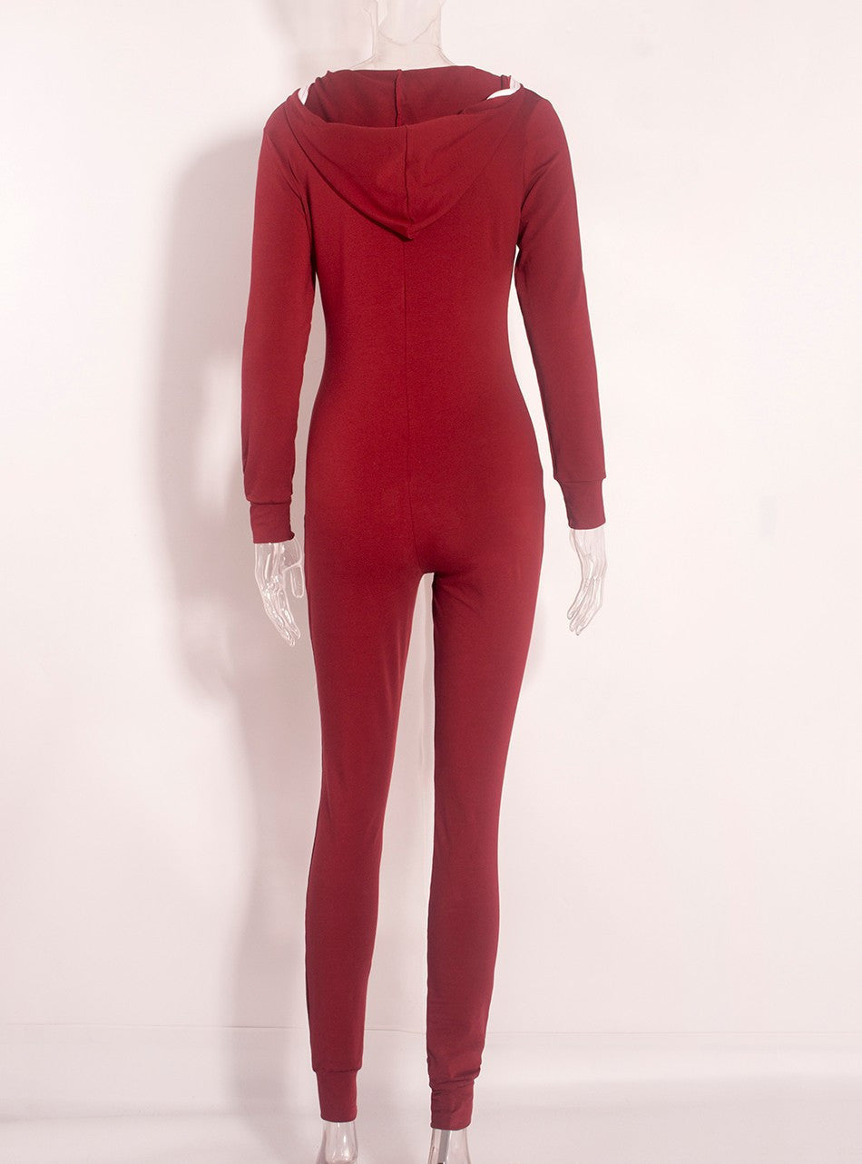 Casual Women One Piece Outfits Jumpsuits Long Sleeve Bodycon Front Zipper Hooded Long Pants Sexy Black/Red Rompers Playsuit
