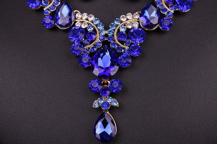 Fashion Sapphire Rhinestone Bridal Jewelry Set Wedding Prom Party Accessories Gold Plated Necklace Earring Set For Brides Women