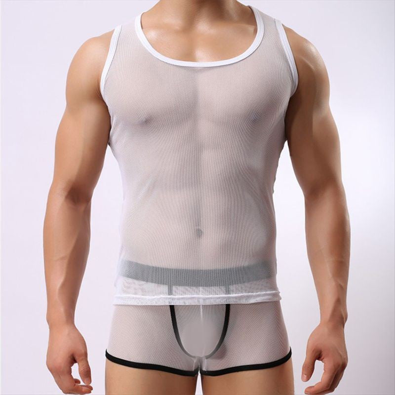 Fashion Brand Men Transparent Mesh Tank Tops Male Sexy Breathable Fabric Tops & Tees Casual Sports Sleeveless Tight-fitting Vest