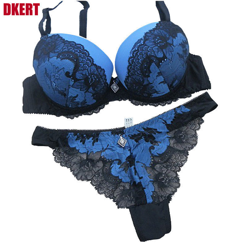 DKERT VS Thong Bra Set Push Up French Embroidered Lace Women's Underwear Sets ABC Cup Bra And Panty Deep V Free Shipping