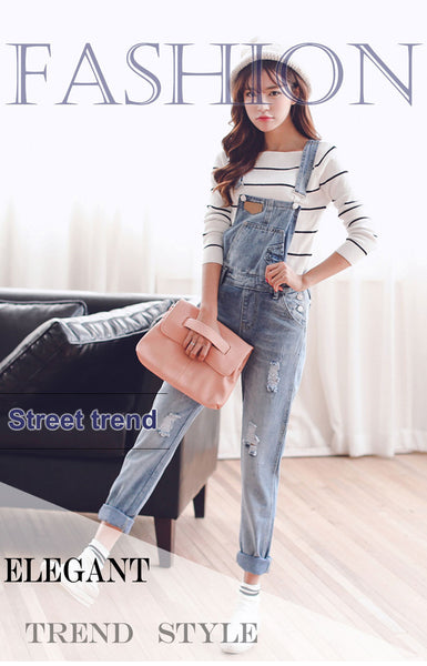 TC Womens Jumpsuit Denim Overalls 2016 Spring Autumn Casual Ripped Hole Loose Pants Ripped Pockets Jeans Coverall XL 2XL