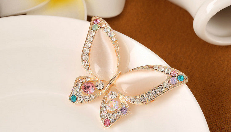 Opal Butterfly Brooch for Women Rhinestone Broche Fashion Bijouterie Wedding Jewelry 3 Colors