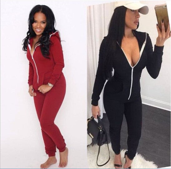 Casual Women One Piece Outfits Jumpsuits Long Sleeve Bodycon Front Zipper Hooded Long Pants Sexy Black/Red Rompers Playsuit
