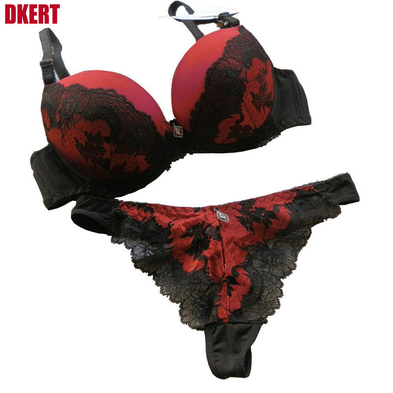 DKERT VS Thong Bra Set Push Up French Embroidered Lace Women's Underwear Sets ABC Cup Bra And Panty Deep V Free Shipping