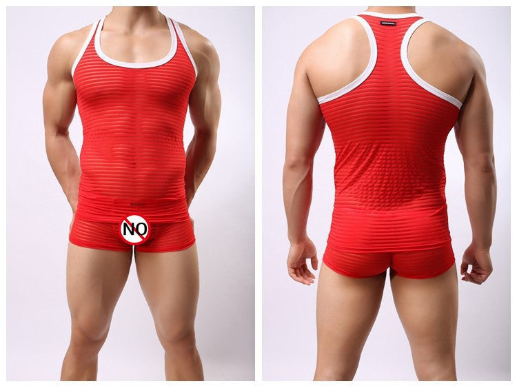 Men Sexy Fun Breathable Striped Tank Tops Undershirts Transparent Mesh Vest JJSOX