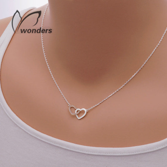 2016 Stainless Steel Chain Dainty Entwined Double Hearts Pendant Necklace Couples