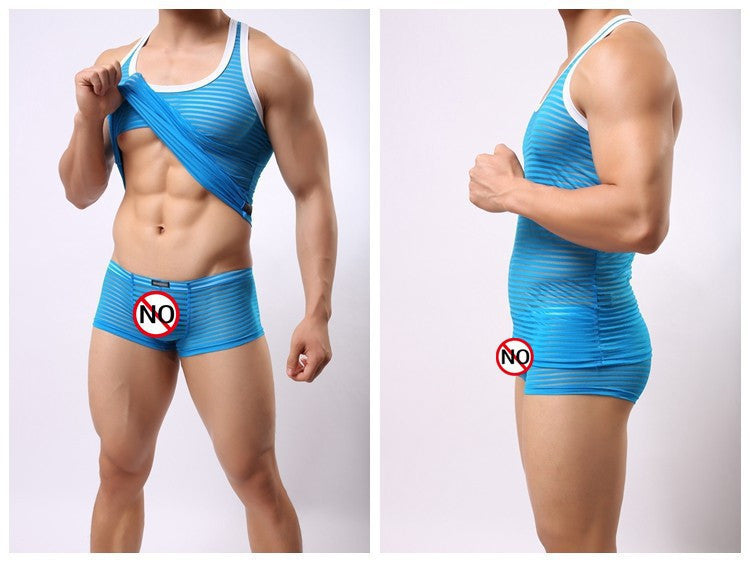 Men Sexy Fun Breathable Striped Tank Tops Undershirts Transparent Mesh Vest JJSOX