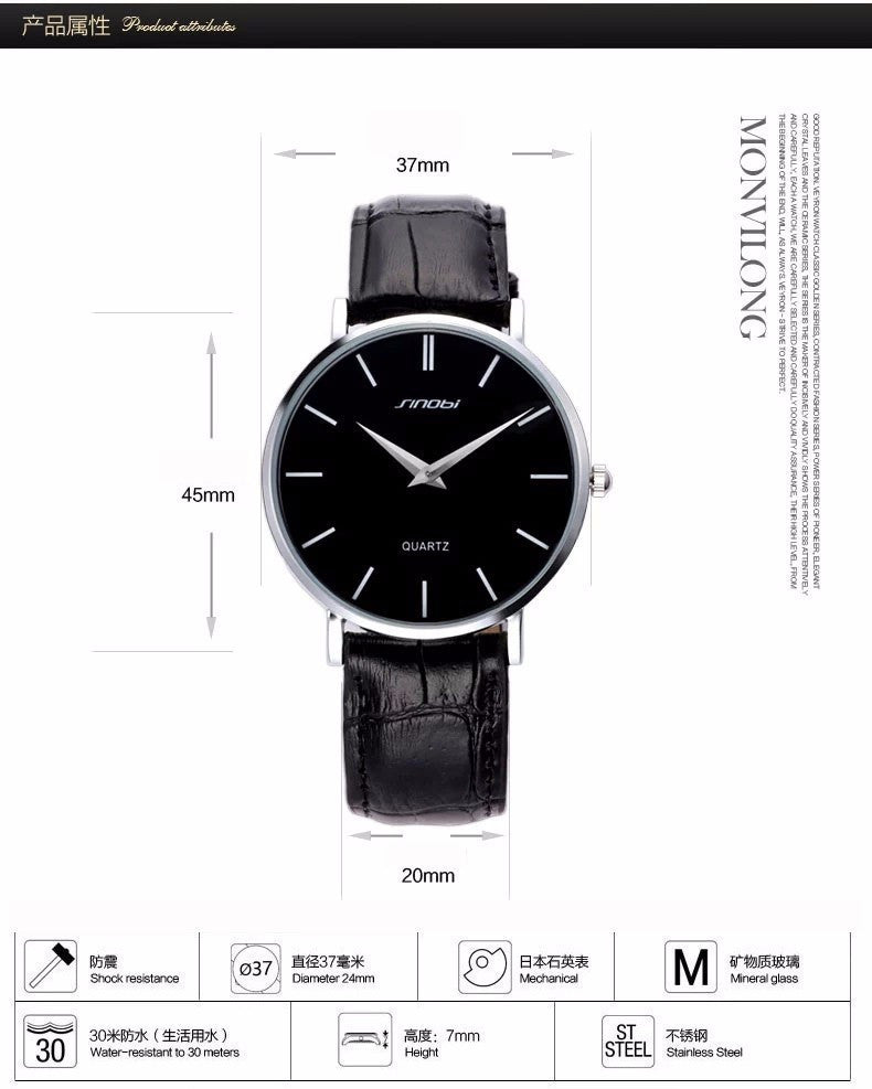 Super slim Quartz Casual Wristwatch Business JAPAN SINOBI Brand Genuine Leather Analog Quartz Watch Men's 2016 relojes hombre