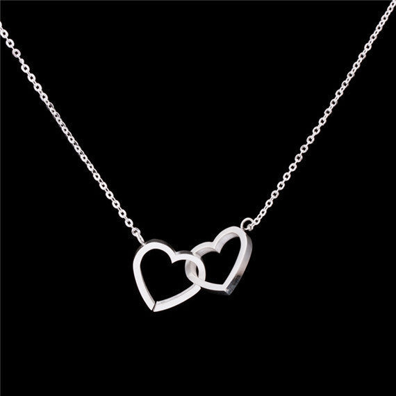 2016 Stainless Steel Chain Dainty Entwined Double Hearts Pendant Necklace Couples
