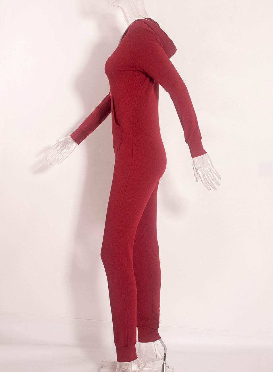 Casual Women One Piece Outfits Jumpsuits Long Sleeve Bodycon Front Zipper Hooded Long Pants Sexy Black/Red Rompers Playsuit