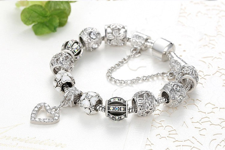 Fashion Silver Heart Charms Bracelet Bangle for Women DIY 925 Crystal Beads Fit Original Bracelets Women Pulseira Jewelry Gift
