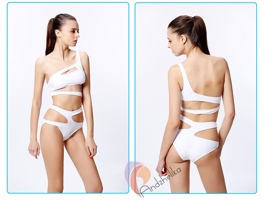 2016 Sexy One Piece Swimsuit Bandage For Women Solid White and Blue One shoulder Cut Out Monokini Swimwear Bathing Suit bodysuit