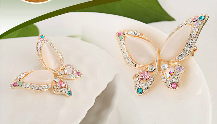 Opal Butterfly Brooch for Women Rhinestone Broche Fashion Bijouterie Wedding Jewelry 3 Colors