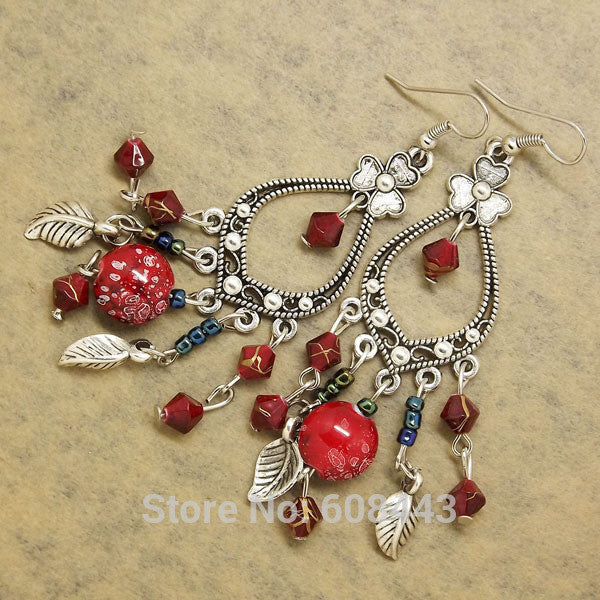 ER366 Antique Silver Bohemia Flower Colorful Beads Tassel Vintage Earrings