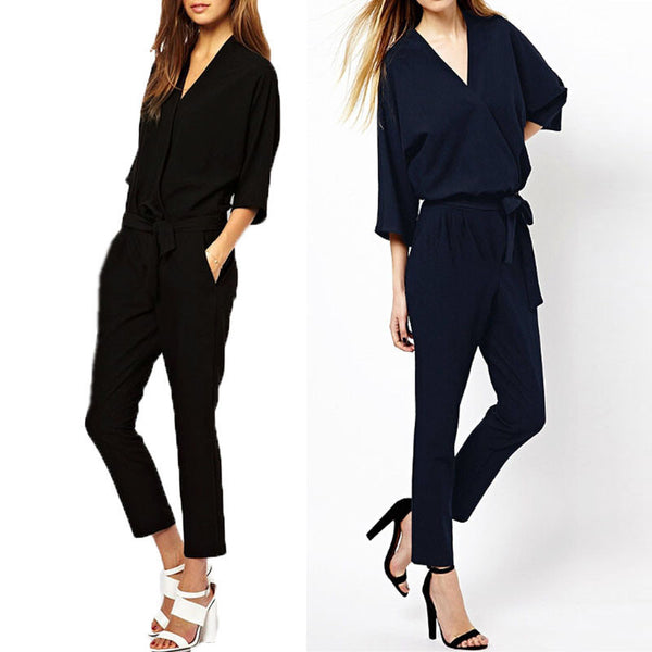 New Arrival Women Jumpsuits 2016 Spring Autumn Bodysuit Half Sleeve V Neck Casual Style Elegant Ladies Long Romper Overalls