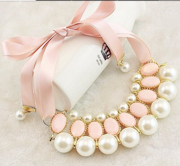 candy color Ribbon Pendant Necklace Simulated-pearl