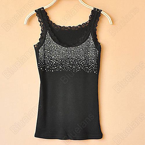 Sexy Women's Rhinestone Lace Stunning Based Sleeveless Vest Tank Top Tee T-Shirt