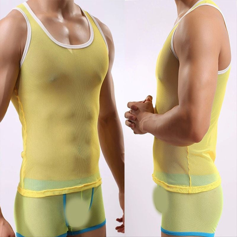 Fashion Brand Men Transparent Mesh Tank Tops Male Sexy Breathable Fabric Tops & Tees Casual Sports Sleeveless Tight-fitting Vest