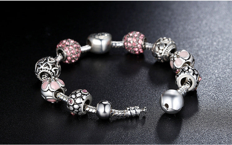 BAMOER Antique 925 Silver Charm Bangle & Bracelet with Love and Flower Crystal Ball for Women