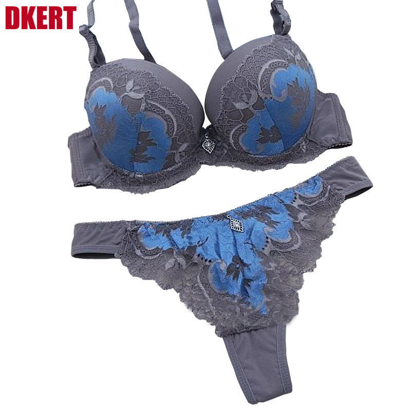 DKERT VS Thong Bra Set Push Up French Embroidered Lace Women's Underwear Sets ABC Cup Bra And Panty Deep V Free Shipping