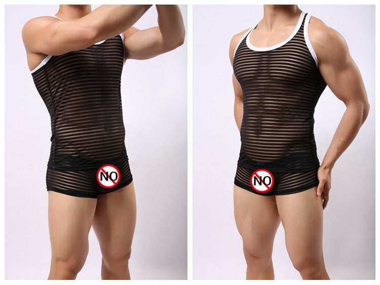 Men Sexy Fun Breathable Striped Tank Tops Undershirts Transparent Mesh Vest JJSOX