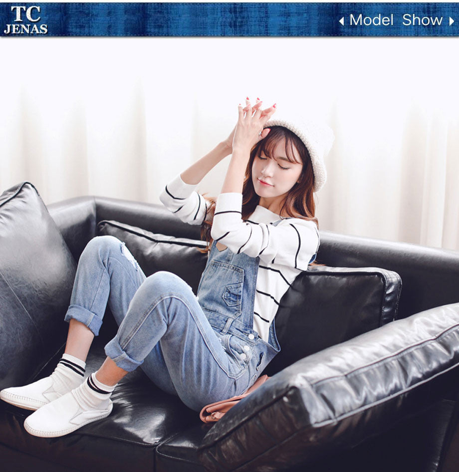 TC Womens Jumpsuit Denim Overalls 2016 Spring Autumn Casual Ripped Hole Loose Pants Ripped Pockets Jeans Coverall XL 2XL