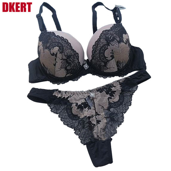 DKERT VS Thong Bra Set Push Up French Embroidered Lace Women's Underwear Sets ABC Cup Bra And Panty Deep V Free Shipping