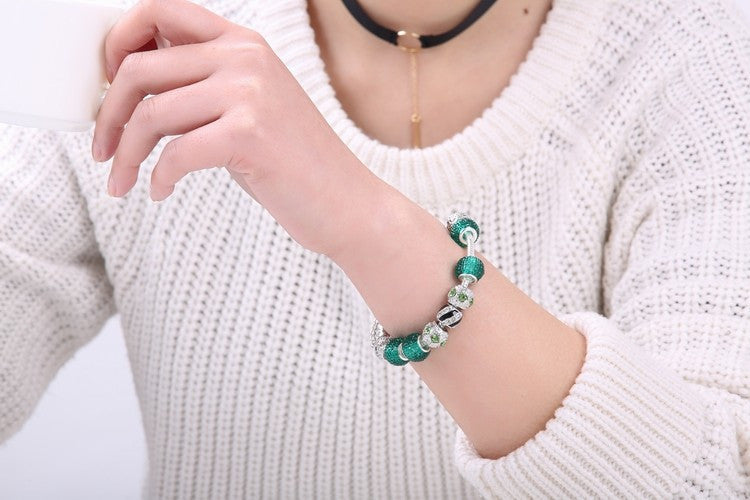 Day Fashion Crystal&Green Murano Glass Beads Charm Bracelets For Women Fit Original Snake Chain Bracelets Bangle