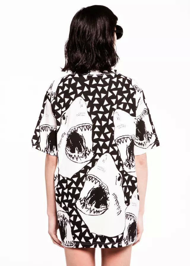 2016 Vintage Shark Animal Pattern T-shirt Short Sleeve Street O-neck Black Loose Casual Tops Shirts