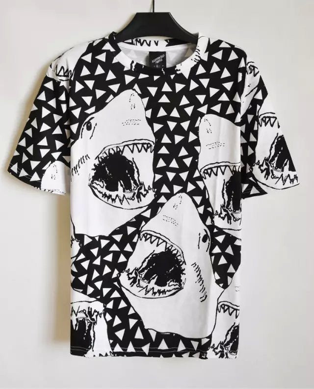 2016 Vintage Shark Animal Pattern T-shirt Short Sleeve Street O-neck Black Loose Casual Tops Shirts