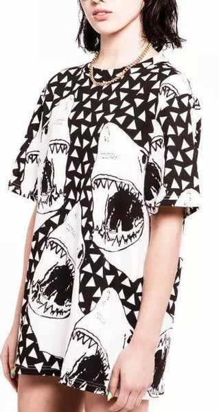 2016 Vintage Shark Animal Pattern T-shirt Short Sleeve Street O-neck Black Loose Casual Tops Shirts