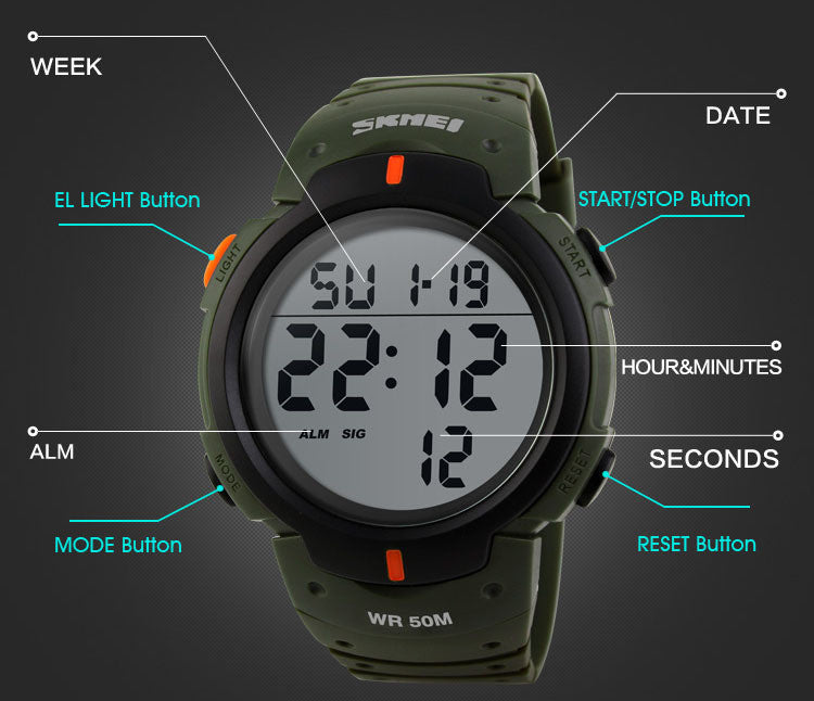 New 2016 Men Sports Watches 50M Waterproof Fashion Casual Digital LED Military Multi-Function Wristwatches