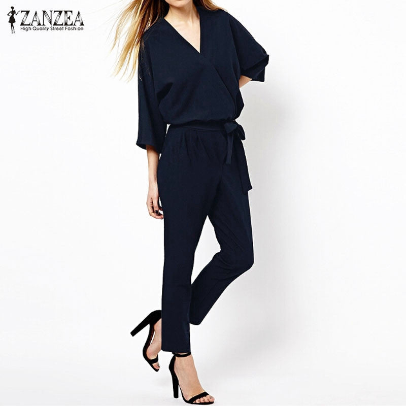 New Arrival Women Jumpsuits 2016 Spring Autumn Bodysuit Half Sleeve V Neck Casual Style Elegant Ladies Long Romper Overalls