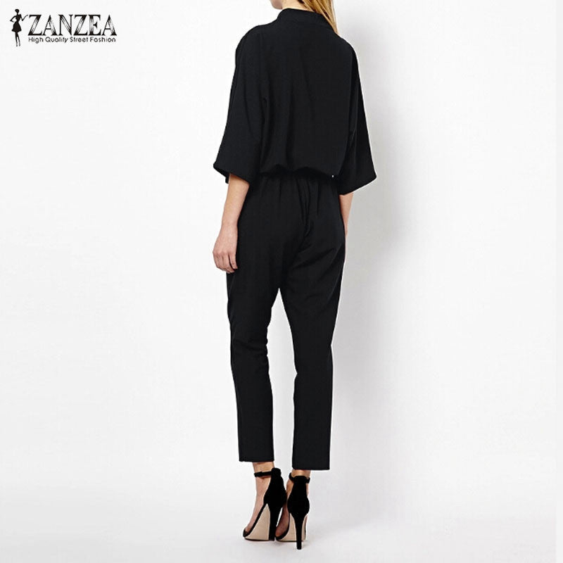 New Arrival Women Jumpsuits 2016 Spring Autumn Bodysuit Half Sleeve V Neck Casual Style Elegant Ladies Long Romper Overalls