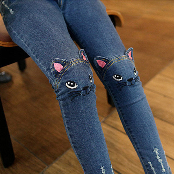 Cute Cartoon Pattern Kids Jeans Winter Autumn 2 items Lovely Cat High Quality Children Pants Casual trouses Baby Girls Jeans