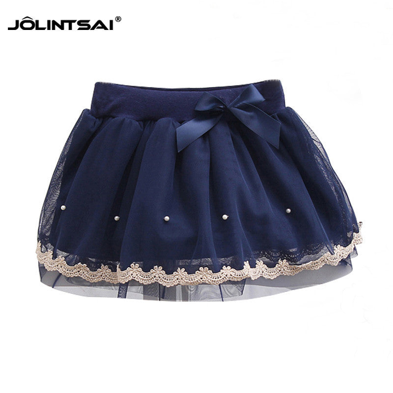 New Skirts For Girls 2015 Spring Autumn Bow Girls Tutu Skirt Children Clothing Princess Lace Pearls Cute Elegant Kids Girl Skirt