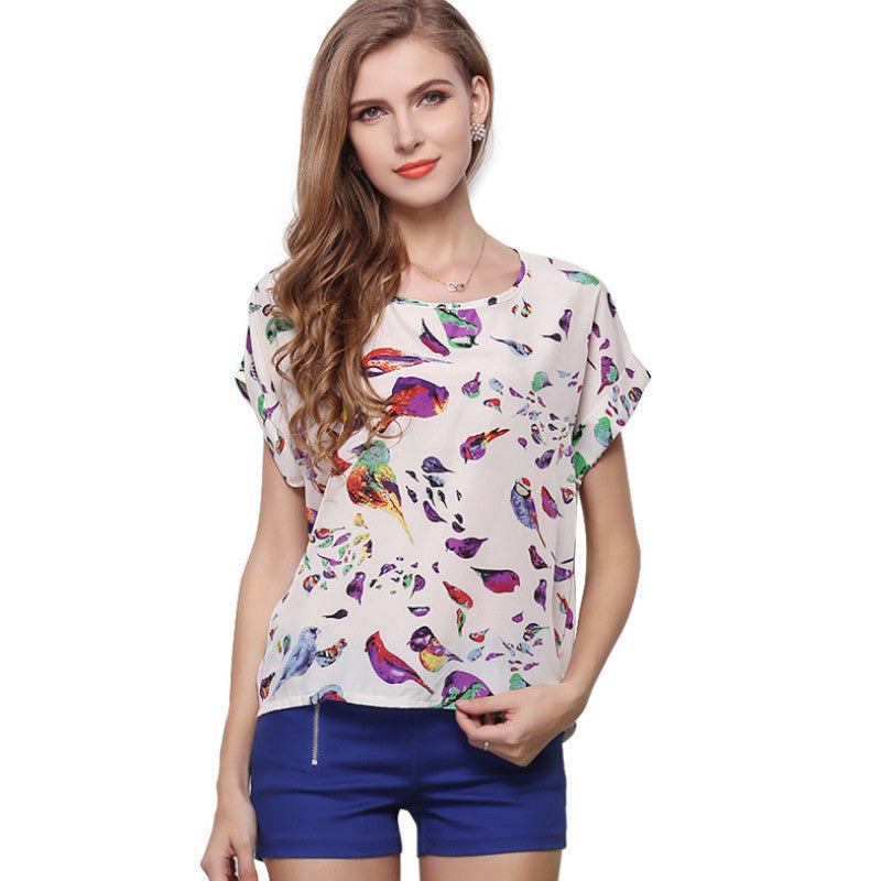 T Shirt Women 2016 Summer Bird Printed Women Tops Short Sleeve Female T-shirts Plus Size Tshirt Chiffon Tee Shirt Femme