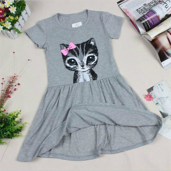 Hot Sale New 2016 summer girl dress cat print grey baby girl dress children clothing children dress 0-8years