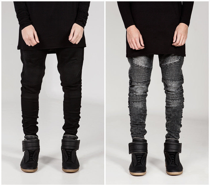 Mens Skinny jeans men 2016 Runway Distressed slim elastic jeans denim Biker jeans hiphop pants Washed black jeans for men blue