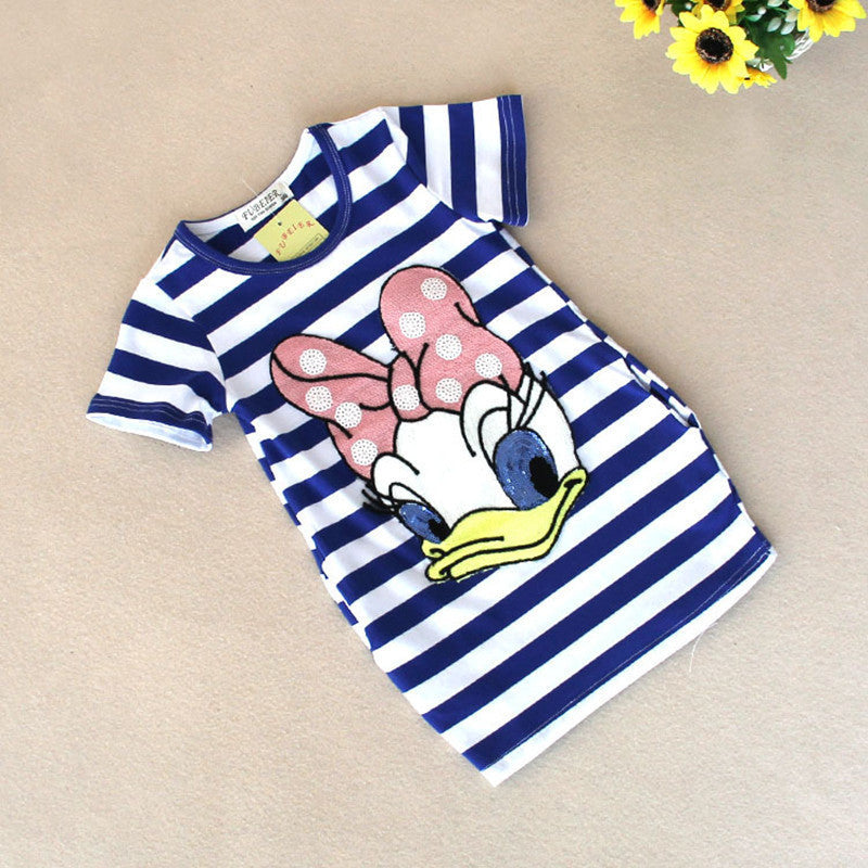 2016 latest summer girls striped dress children cartoon Donald Duck, the two sides in my pocket dress 2-7 years A122