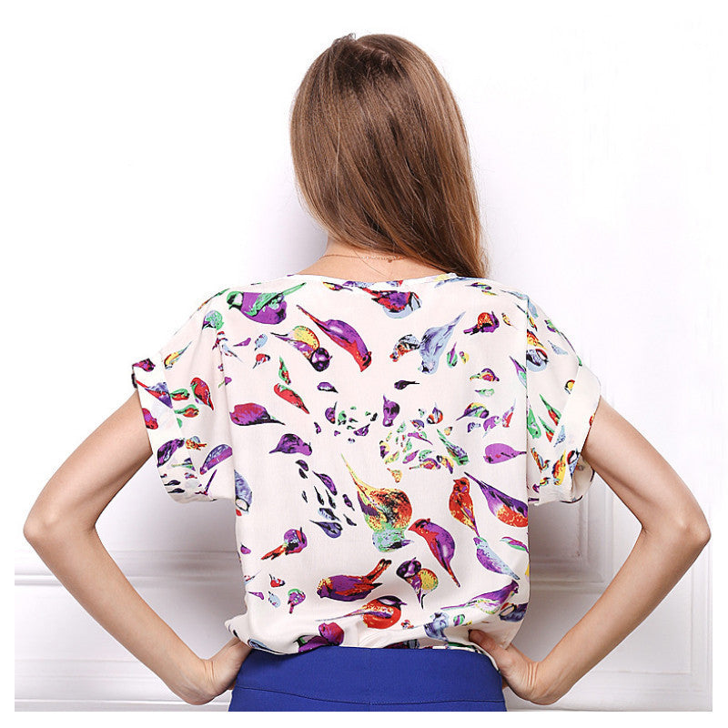 T Shirt Women 2016 Summer Bird Printed Women Tops Short Sleeve Female T-shirts Plus Size Tshirt Chiffon Tee Shirt Femme
